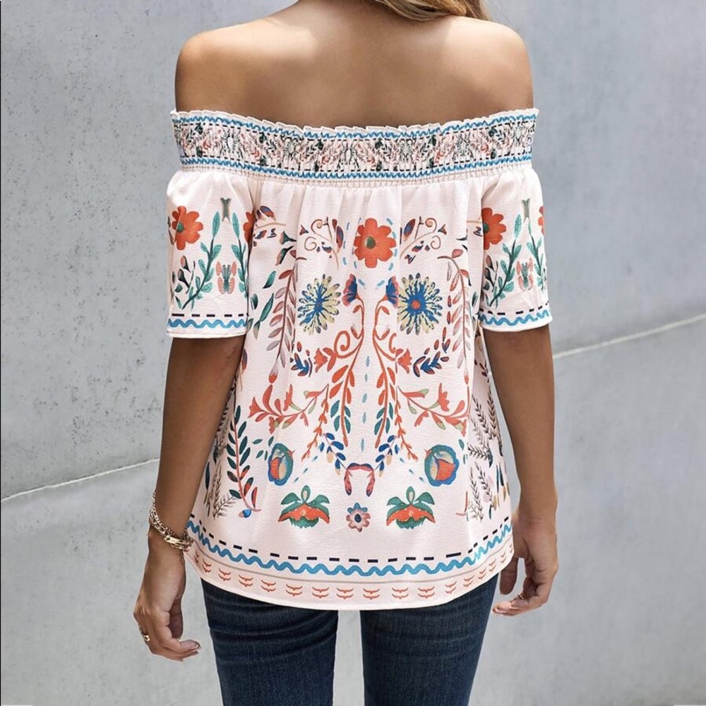 Bohemian White Floral Print Off Shoulder Oversized Top - Picture 3 of 5